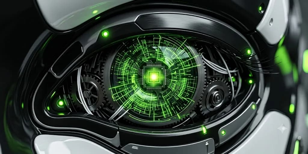 A robotic eye with a glowing green processor at its centre, surrounded by gears and circuitry