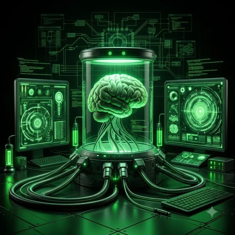 A brain in a glowing lab chamber surrounded by data screens