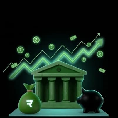A bank building with a rupee money bag, a piggy bank and a rising green growth chart