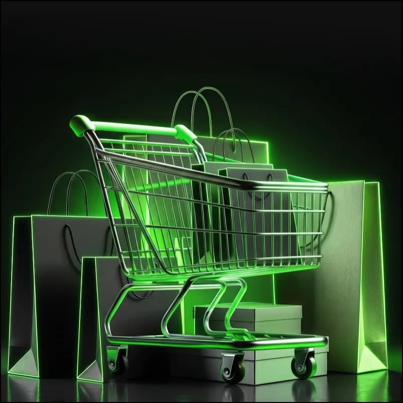 A shopping cart and bags outlined in glowing green