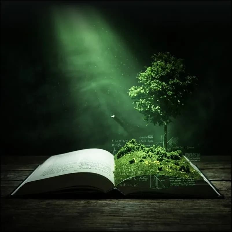 An open book with a small tree growing from its pages under a beam of light