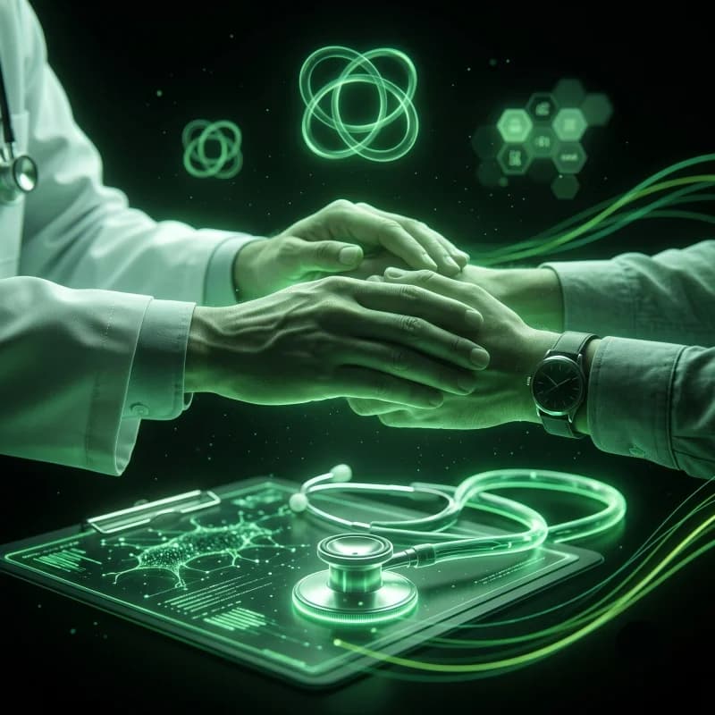 A doctor's hands with a stethoscope over a glowing digital health record
