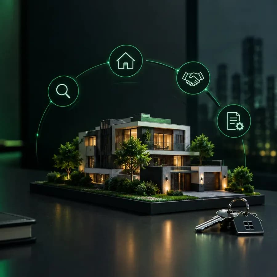 A model house on a desk with keys, linked to search, home, handshake and document icons