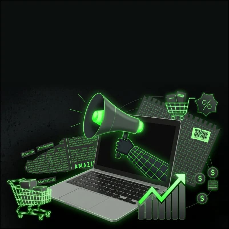 A megaphone, a laptop and a rising sales chart in green light