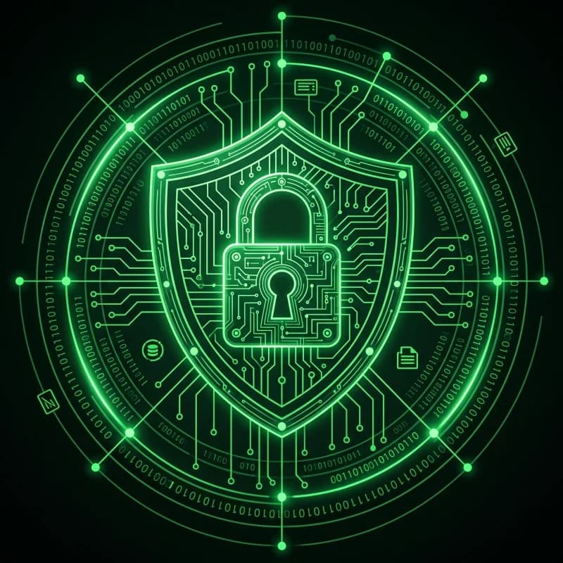 A glowing green shield with a padlock on a circuit pattern