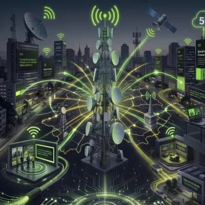 A city of connected towers, dishes and screens linked by green signal lines