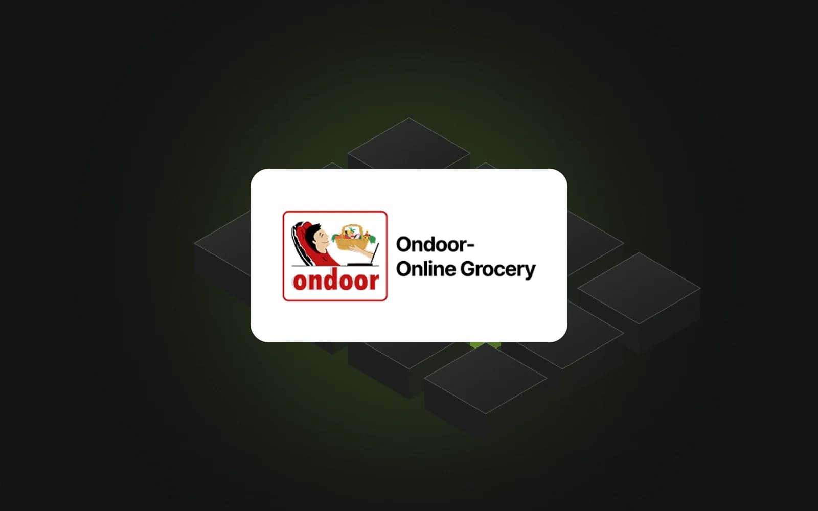 Ondoor Online Grocery logo on a dark green technology backdrop