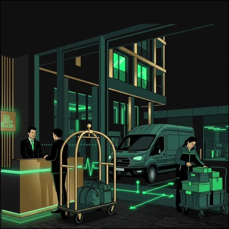A hotel front desk, a luggage trolley and a delivery van with green-lit parcels
