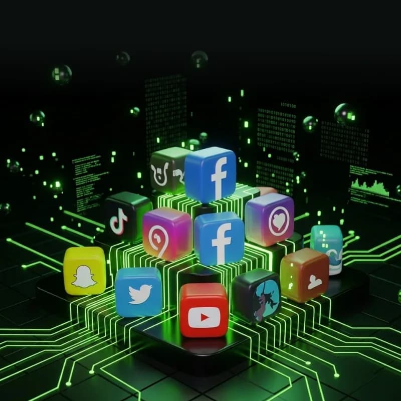 Social media app icons rising from a green circuit board
