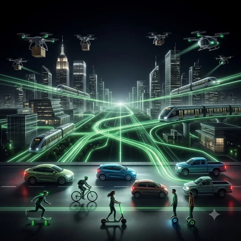 A city at night with cars, trains, bikes and drones on glowing green routes