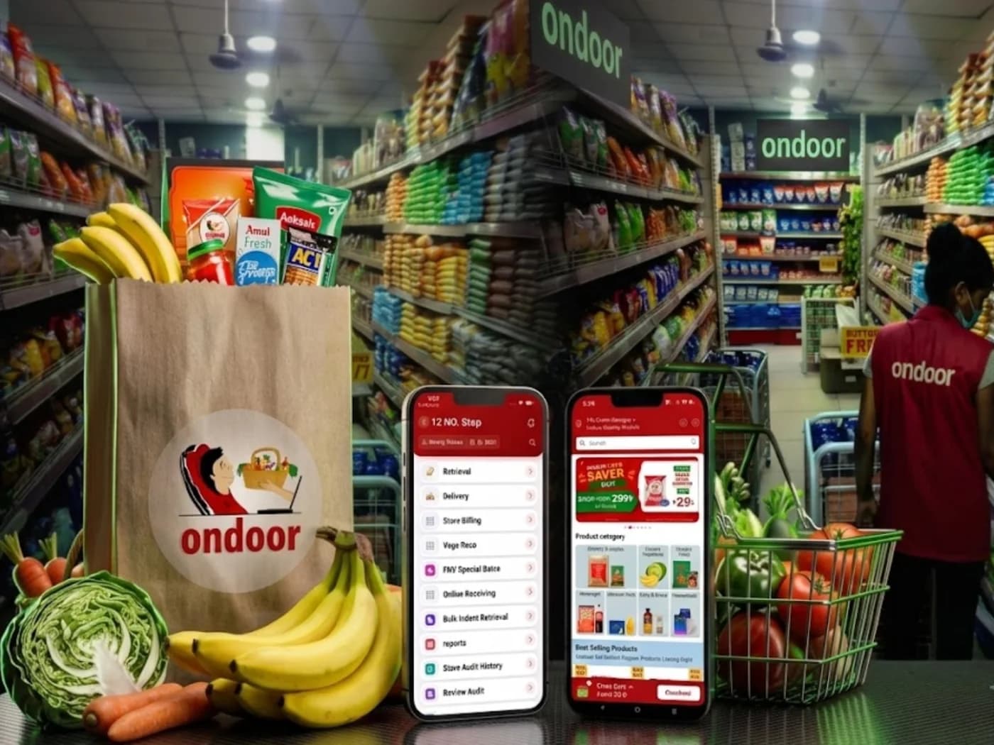 Ondoor grocery bag, fresh produce and two phones showing the Ondoor apps in a supermarket aisle