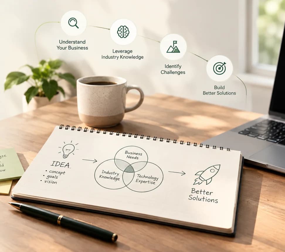 A desk with a notebook mapping an idea through business needs, industry knowledge and technology